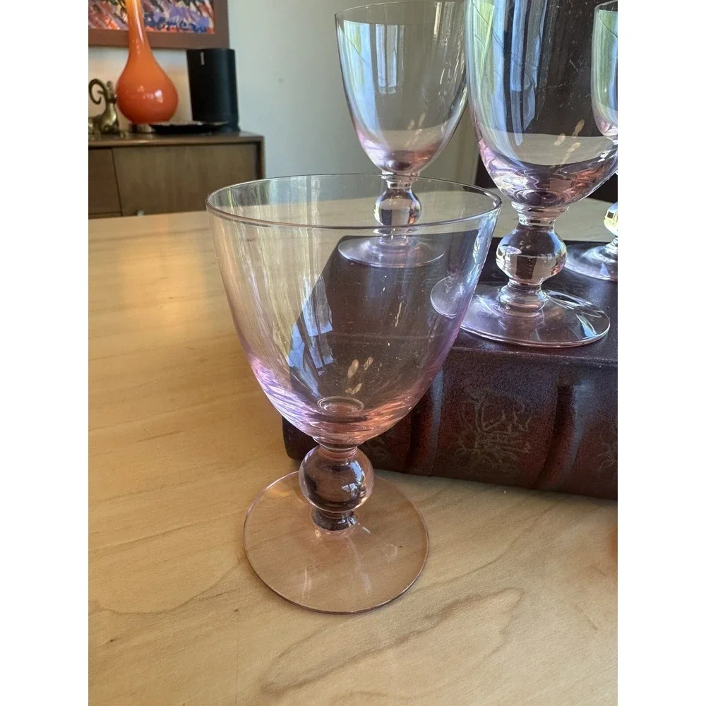 (6) Vintage MCM Pink 4oz Glasses Bar Ware Drinking Liquor Ball Stem Cocktail
